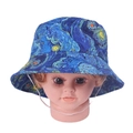 Detail of baby sun hat featuring starry night print and adjustable white chin strap - 50cm / Van Gogh Starry Night