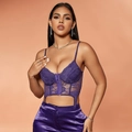 Top bustier sexy in pizzo viola da donna con eleganti pantaloni di raso in stile alla moda - XS / Viola