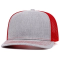 Close-up of grey cotton panel and red breathable mesh texture on the trucker cap - Adjustable / Grey Red