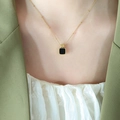 Gold titanium necklace with black acrylic square pendant and beaded chain detail - Square Black Acrylic Style (P762) / 39cm+5cm / Gold