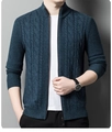 Men's navy blue zip-up cardigan with classic stand collar and cable knit texture - M / Sky Blue