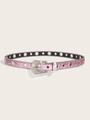 Close-up of pink sequin Y2K belt with silver eyelets and rhinestone square buckle detail - S / Pink