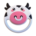Funny baby silicone pacifier featuring a cute white and pink cartoon cow design - Pull Ring Cute Cow Teether