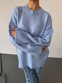 Detail of light blue oversized knit sweater showing soft texture and crew neck design - S / Blue