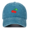 Close-up of red cherry embroidery on washed blue cotton twill baseball cap with stitching detail - Lake Blue