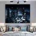 Detail view of Halloween tapestry showing glowing pumpkins and spooky cemetery in a bedroom - Halloween Cemetery Night (22WSJ009F)
