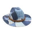 Ethnic style blue patchwork denim wide brim fedora hat with brown beaded band - One Size / Light Blue