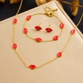 Gold plated stainless steel jewelry set with red enamel lips pendant necklace and earrings - 3-Piece Set (Necklace+Bracelet+Earrings) (N3959 B1936)