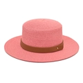 Detailed weave of a pink flat top straw hat featuring a brown leather band and gold stud - M (56-58cm) / Pink
