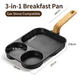 Black non-stick 3-in-1 breakfast frying pan with three sections and wood grain handle - Gas Stove Version / Black