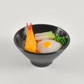 Miniature PVC Japanese tempura ramen food model with shrimp and egg in a black bowl - Tempura Shrimp and Egg Noodles - No Ring