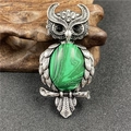 Vintage owl pendant brooch with green malachite-style stone and silver finish - Synthetic Malachite