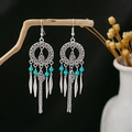 Bohemian silver tassel earrings with blue turquoise beads and leaf charms - E1145 Blue Leaf Chain