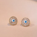 Golden Evil Eye stud earrings with blue enamel and rectangular zircon stones - Evil Eye Style (E0410)