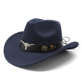Close-up of navy blue western cowboy hat featuring a black leather band and silver bull head charm - M (56-59cm) / Navy Blue With Black Leather Belt