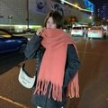 Pink cashmere-feel tassel scarf with thick knit texture for winter warm styling - Begonia Red