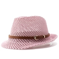 Detail of pink hollow-weave straw fedora with brown faux leather buckle strap - M(56-58cm) / Pink