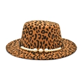 Elegant leopard print flat top wool fedora hat with a decorative faux pearl band for women - M (56-58cm) / Khaki