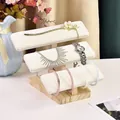 Three-tier wood jewelry display stand with beige soft-touch bars for watches and bracelets - 3-Tier Solid Wood Bracelet Stand-Beige Velvet