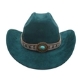 Teal western cowboy hat with brown ethnic band and turquoise stone accent - One Size / Oval Blue Stone Decoration / Dark Green