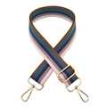 Close-up of rainbow striped woven shoulder strap with gold swivel hooks and metal slider - Light Pink Purple Blue Stripe + Gold Buckle