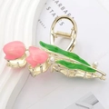 Golden tulip hair claw clip with pink enamel flowers and pearl accents on white background - 11CM 2 Tulips-Pink / Bulk Packaging