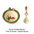 Hand-kneaded ceramic forest bowl with house pattern and red apple decorative spoon - Hand-kneaded Bowl/Tree & House + Apple Spoon