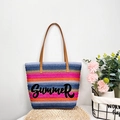 Bunt gestreifte Strandtasche aus Webstoff mit Summer-Stickerei und Ledergriffen - Blau (Summer Stickerei)