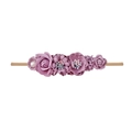 Dettaglio fascia neonata viola con rose in tessuto, perle e cinturino elastico in nylon - Stile 07