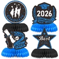 Set of 4 blue and black 2026 graduation honeycomb centerpieces with glitter cardstock tops - Blue Graduation Honeycomb Centerpiece / Blue