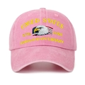 Close-up of eagle embroidery and 250th anniversary text on a pink cotton baseball cap - Pink