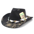 Detail of black cowboy hat featuring gold floral prints, woven band and black feather - M (56-58cm) / Vintage Gold Floral Butterfly Print (Black 3) / Black 3