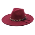 Detail of burgundy wool fedora with 9.5cm wide brim and gold chain bow decoration - M (56-58cm) / Burgundy