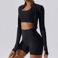 Completo yoga nero da donna 3 pezzi con shorts a vita alta, reggiseno e giacca sportiva - 10/M / Manica Lunga + Reggiseno + Pantaloncini Nero Premium
