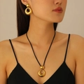 Golden teardrop and spherical titanium steel jewelry set with black cord necklace - Stainless Steel Ball & Ring Earrings & Necklace Set