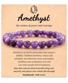 Handmade natural amethyst purple stone bead bracelet on a descriptive display card - Amethyst Bracelet