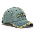 Detail of washed denim baseball cap with 3D McCann embroidery and leopard print brim - One Size / Washed Blue (B)