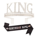 Couronne KING argentée en strass et écharpe BIRTHDAY KING noire pour homme - Style peigne Argent strass blanc + Tissu pailleté noir texte iridescent