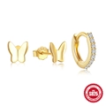 925 sterling silver gold butterfly stud earrings and zircon hoop jewelry set - 925 Sterling Silver/Zirconia / #6 Gold - 3Pcs Set / Gold