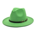 Detail of bright green wool fedora hat featuring a black leather belt with gold metal buckle - M (56-58cm) / Grass Green