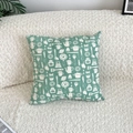 Detail of green cotton linen pillowcase with white kitchen utensils and jam motifs - Green Kitchenware (Insert Not Included)