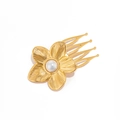 Golden flower hair comb with white pearl inlay and five teeth minimalist accessory - F730B-Gold Flower Pearl Hair Comb