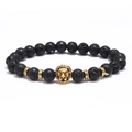 Men's lava stone bracelet with golden lion head charm and volcanic rock beads - Lava Stone Gold