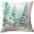 Mint green mint Christmas pillow cover with pink roses and reindeer holiday decor - Pink Rose & Frosted Pine