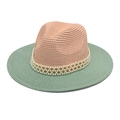 Detail of pink and mint green straw hat featuring four-row faux pearl bead trim - Mint Green & Pink