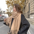 Thick camel cashmere scarf with classic fringe tassels shown in an outdoor street style setting - Thickened Tassel Style (350g) / 200*70cm / Beige