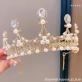 Baroque gold crystal crown for girls with white pearls, 11.5cm diameter luxury headpiece - Gold Pearl Crystal