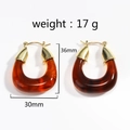 Macro view of brown resin U-shaped earrings with gold metal top and size dimensions - Amber Gold