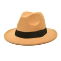 Close-up of a camel wool fedora hat featuring a classic black grosgrain ribbon band - M (56-58cm) / Camel