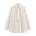 Camicia beige a righe vintage con cravatta coordinata e colletto a risvolto classico - XS / Bianco Sporco